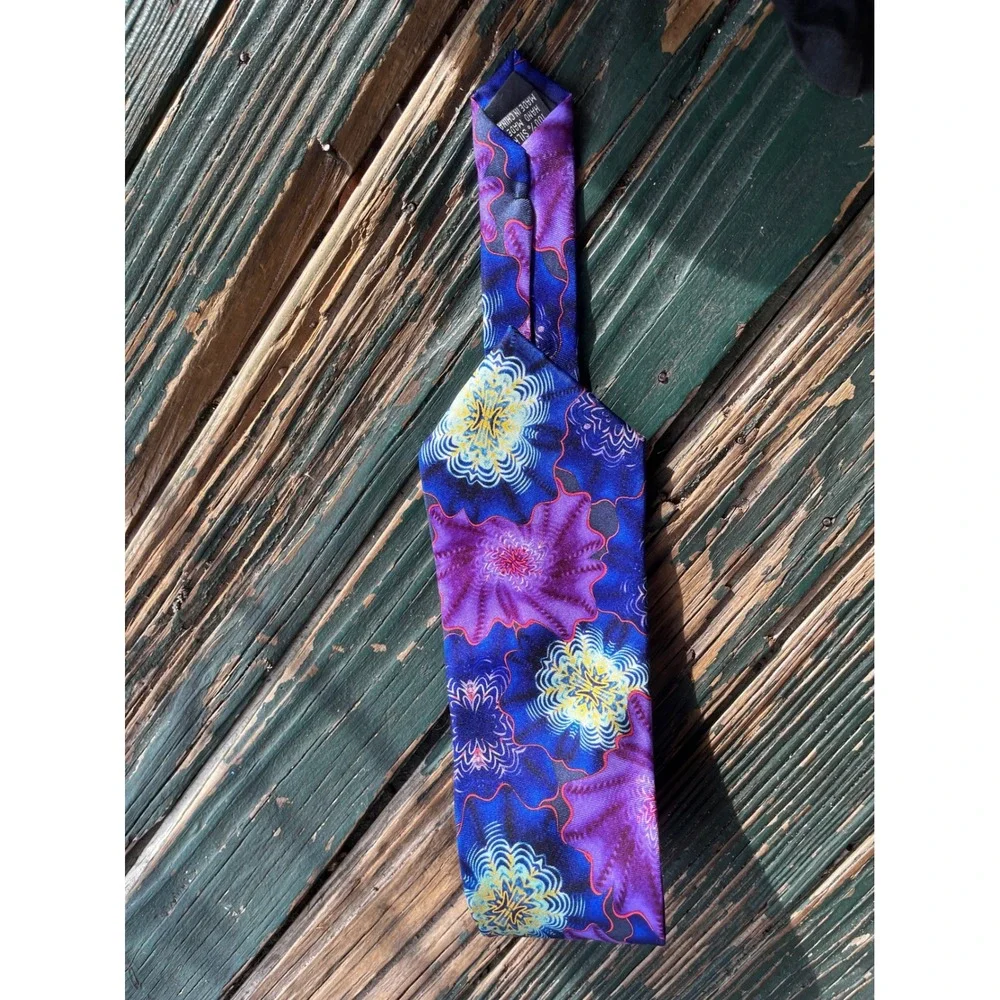 Psychedelic Floral Silk Necktie Purple Blue Yellow Fractal Handmade Tie